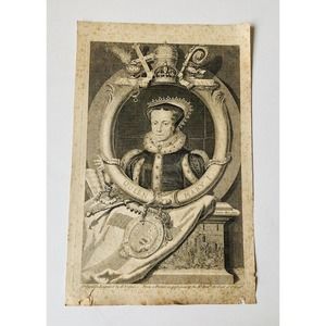 Antique Engraving Art George Vertue Queen Mary I Crown Royal Earl Oxford Foxing
